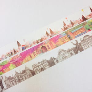 1 roll Of designer  washi tape masking tape : Vintage township, home town, European town view, castle, town hall Mountain View , hot balloon