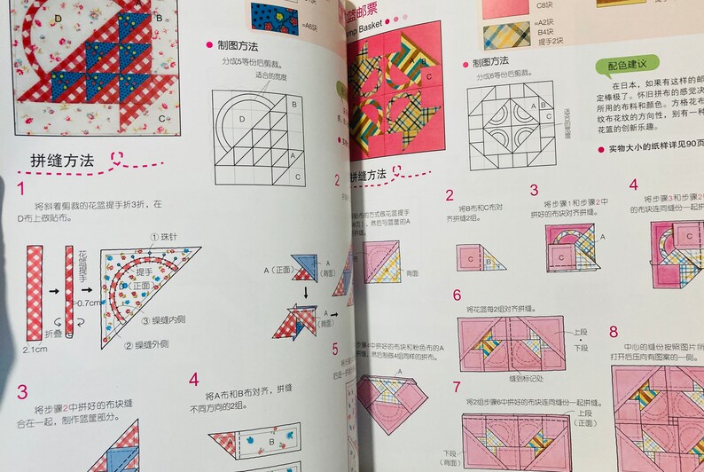 Pode incluir: Um guia passo a passo para fazer um bloco de patchwork com um design de cesta. As instru&ccedil;&otilde;es est&atilde;o em japon&ecirc;s e incluem diagramas e ilustra&ccedil;&otilde;es. O bloco de patchwork &eacute; feito com tecido vermelho, branco e azul.