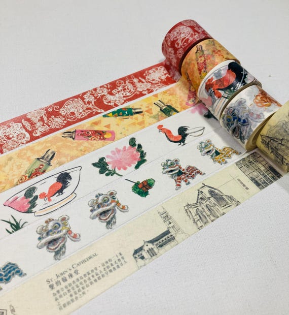 Hong Kong Traditional Festival Washi tape Lion dance moon festival Chinese New year, dim sum rooster old water bottle St John