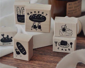 Wooden Rubber Stamp or sticker : lovely bakery , baguette, cake , girl and bread , cafe tasty coffee and bread life