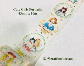 Sweet Girls Portrait washi tape masking tape Cute girls cats floral with floral wreath swan girl in sweater kitten girl paper tape