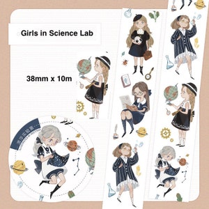 1 roll of designer washi tape masking  tape : Girl in science lab, scientist, curiosity , experimenting, math, physic, chemistry ,astrology