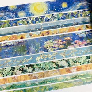 10 rouleaux de ruban adhésif de masquage en Washi Van Gogh : nuit étoilée, tournesol, iris, fleur d'amandier, bateau de pêche