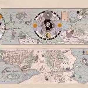 May include: A detailed map with a circular compass in the center. The map is drawn in shades of blue, brown, and gray. The compass is surrounded by a circle with the word "NAONAO" in the center. The map is titled "The World of Naonoa".