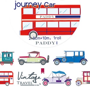 1 roll of designer washi tape masking tape : taking a journey, car, bus, double deck bus, vintage car, vehicle, train , tram, truck
