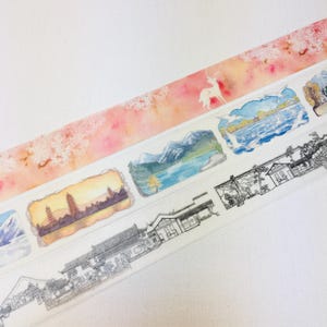 1 roll  designer washi  tape masking tape: urban sketcher, oriental old architecture,  brick house, black and white illustration, wall city
