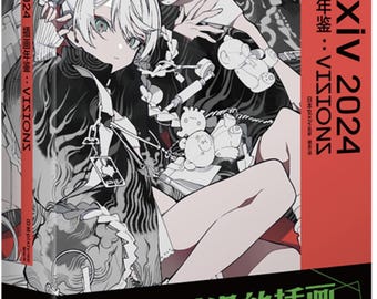 May include: A red book with a white and black illustration of two anime characters on the cover. The book title is "PIXIV 2024" and the subtitle is "插画年鉴:VISIONS". The book also has the text "170 人" and "31 万册" on the cover.