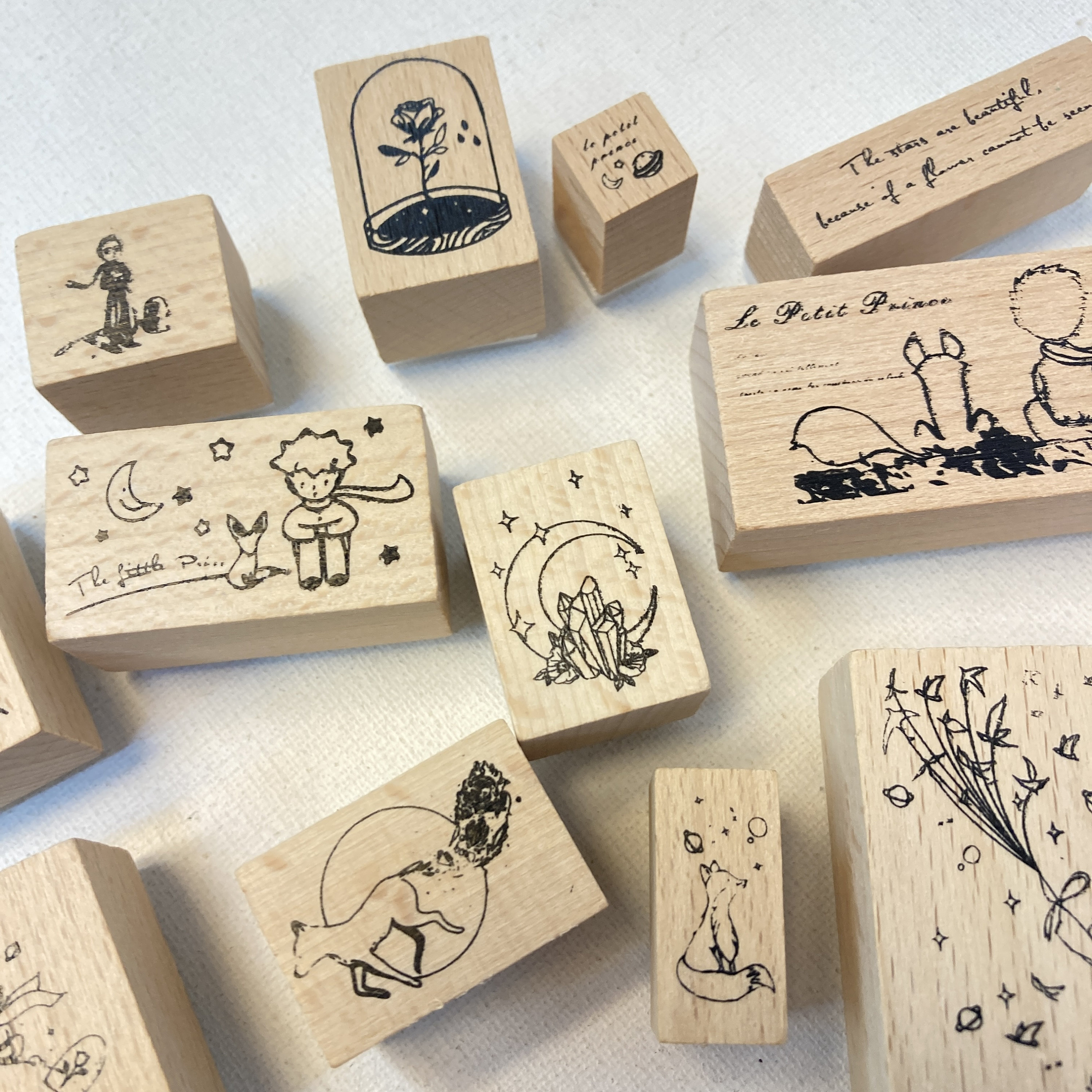 12 pcs Wooden Rubber Stamps: the little prince, le petit prince, fox, rose, birds, asteroid b612, star, sunset 44 times, moon, friendship