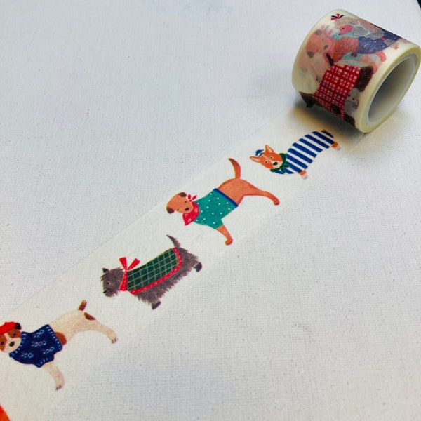 1 roll of designer washi tape making tape: cute dog in fashion, high street dog fashion, dog in beret, checker shirt French bull, dalmatian