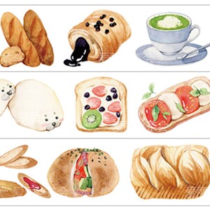 1 rotolo di nastro adesivo washi per mascheratura: sandwich, pane, arte culinaria, ciambella, baguette, pane all'aglio, toast, deliziosa colazione, marmellata e pane