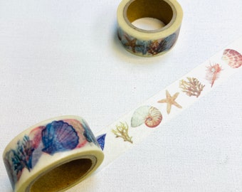 1 roll of designer washi tape masking tape: happy beach day, sea shell, starfish, coral, clamshells, ocean life, summer beach life