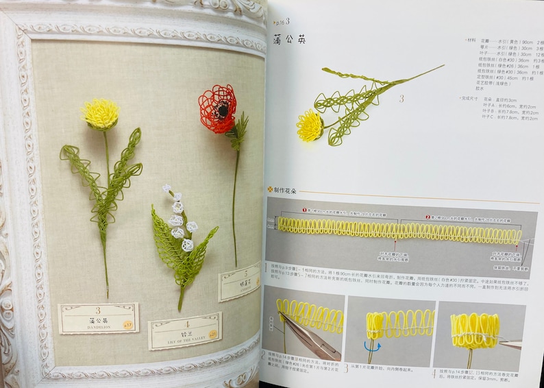 May include: A book with instructions on how to make flowers out of thread. The book shows a variety of flowers, including a poppy, a dandelion, and lily of the valley. The book also shows how to make a border of flowers.