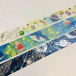 3 rotoli di nastro adesivo washi tape di design: mondo fantasy della galassia, balena, pianeta, raggiungere la stella, stella dei desideri, scala del coniglio, cielo