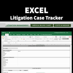 Litigation Management Claim Tracker including Medical Billing Tracker, Client Expenses & Mileage Log | EXCEL FORMAT