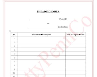 Legal Case Pleading Index Template