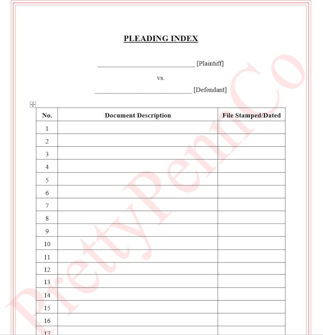 Legal Case Pleading Index Template Etsy