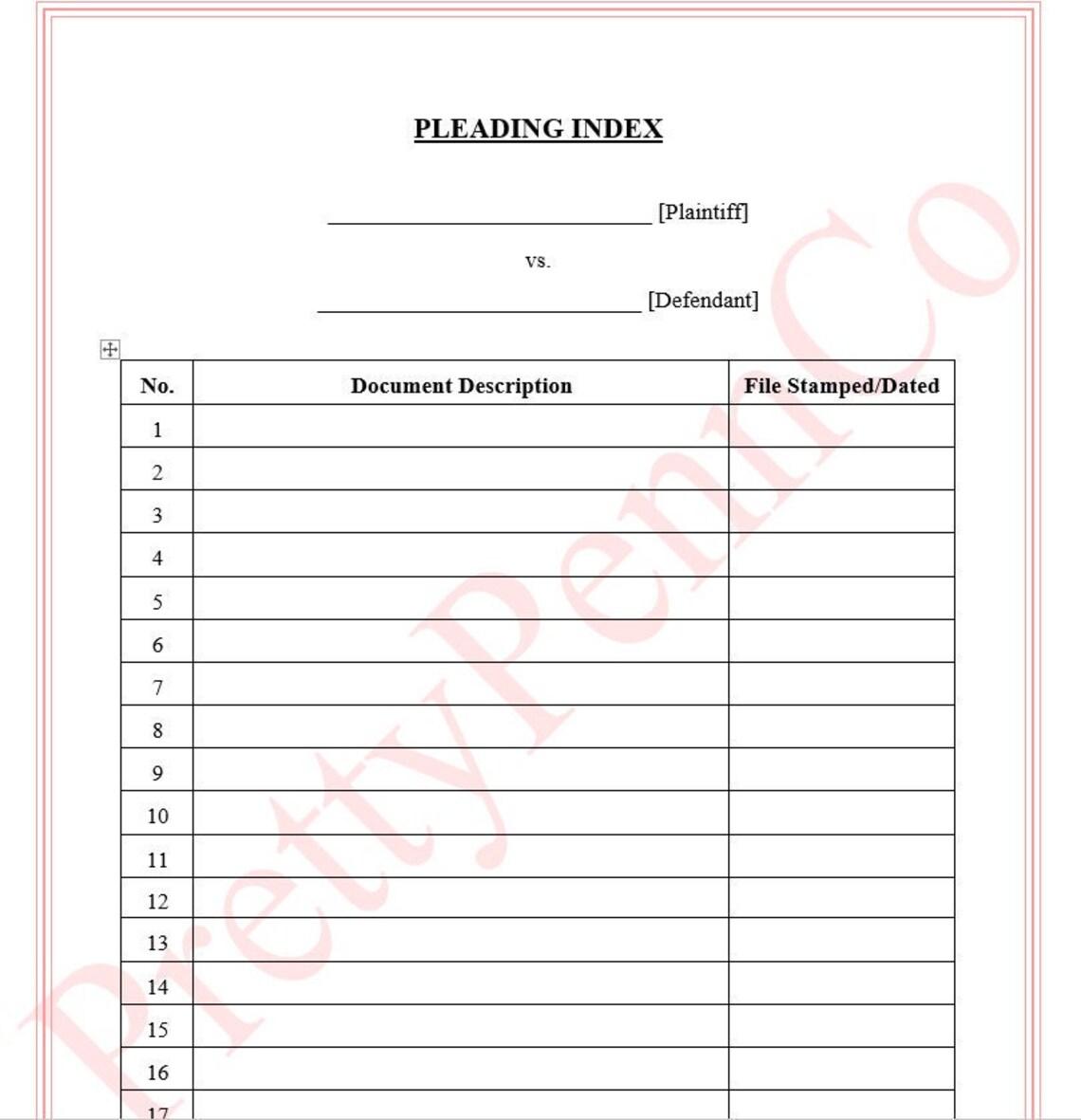 Legal Case Pleading Index Template Etsy