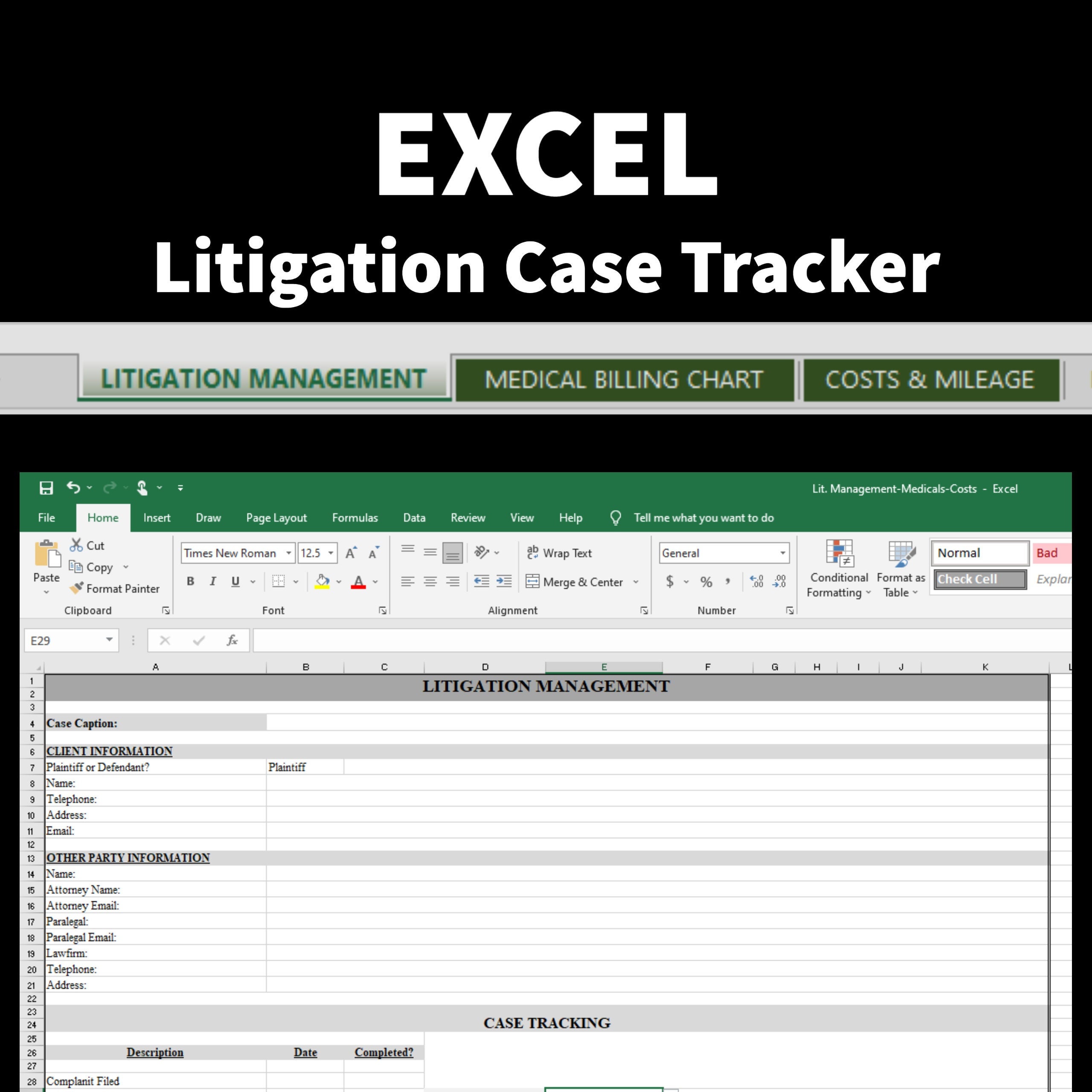 Litigation Management Claim Tracker including Medical Billing Tracker, Client Expenses & Mileage Log | EXCEL FORMAT