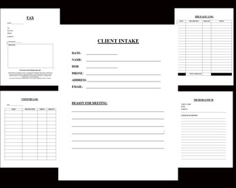 Printable Office Document Bundle | including Client Intake, Mileage Log, Fax Sheet, Memo Form & Visitor Log.