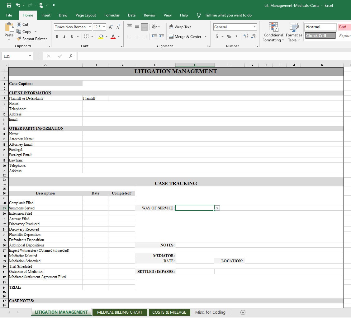Litigation Management Claim Tracker Including Medical Billing Tracker