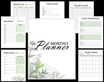 Legal Monthly Planner in Green Botanical | PDF Download
