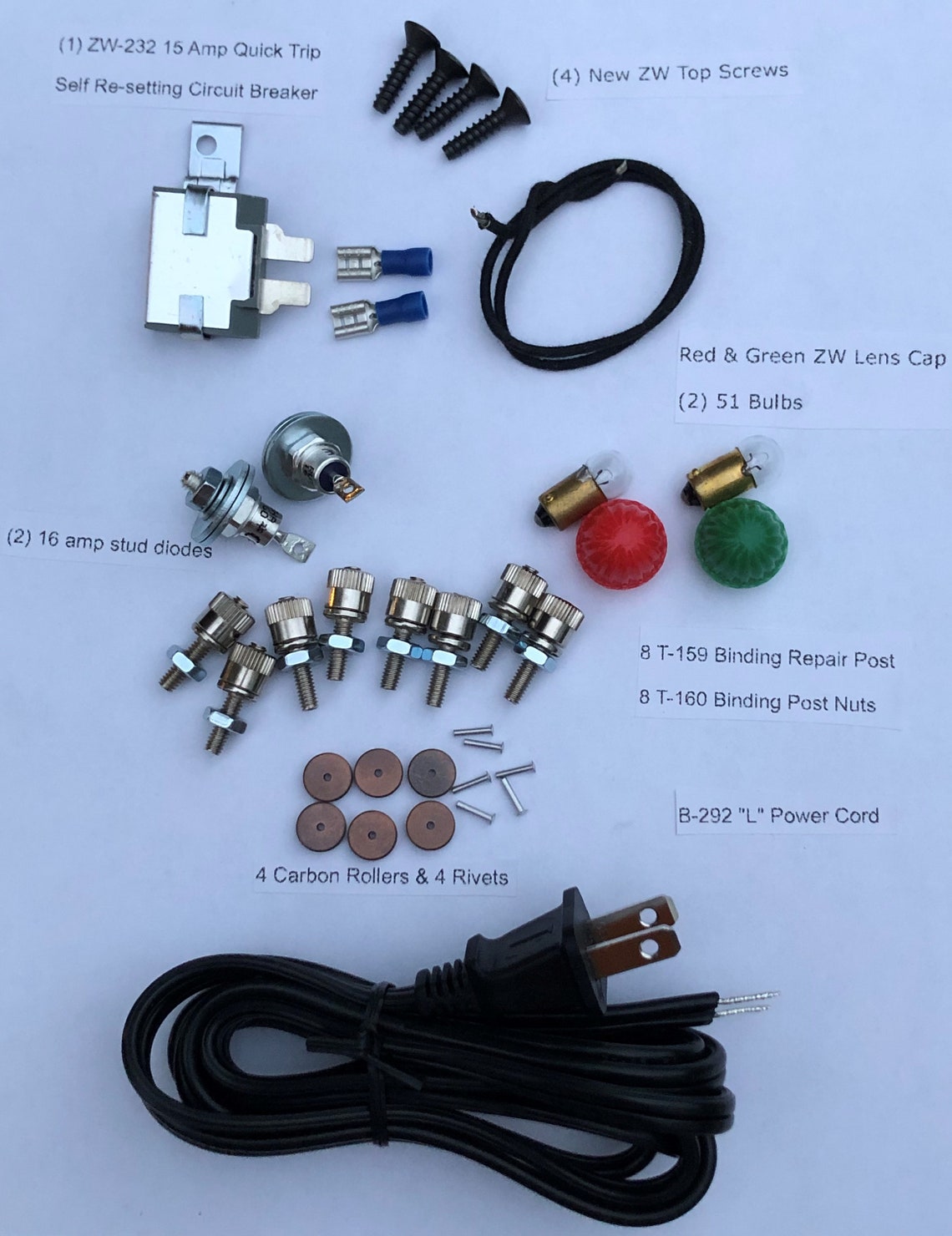 Lionel ZW Transformer Repair Kitl Cord,diodes,rollers, Rivets,circuit