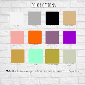 May include: A color chart with 12 color options, each displayed in a square. Colors include white, silver, black, parchment, light pink, orange, light purple, purple, gold, mint, lemongrass, and whispering blue. Text at the top reads "COLOR OPTIONS".