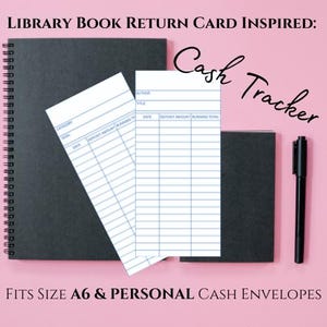 May include: A black spiral-bound notebook, two cash tracker cards, a black pen, and a small black notebook are arranged on a pink surface. The cash tracker cards have blue lines and the text "Cash Tracker" is written in cursive. The text "LIBRARY BOOK RETURN CARD INSPIRED:" is at the top.
