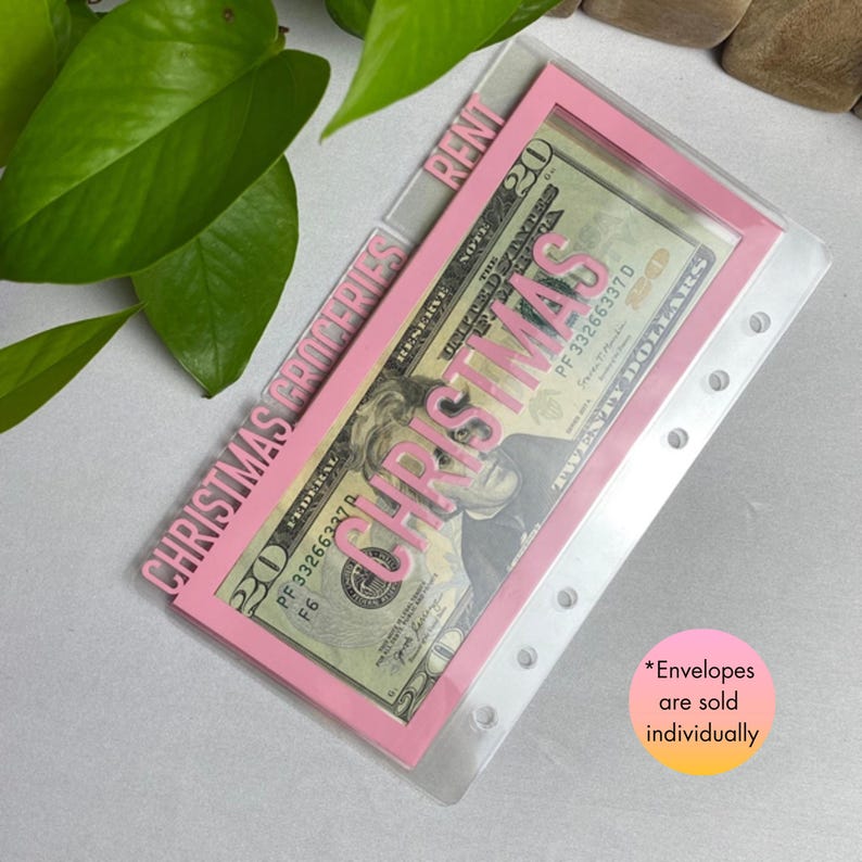 May include: A pink and clear budget envelope with the words "CHRISTMAS GROCERIES" and "CHRISTMAS" printed on it. A twenty-dollar bill is visible inside the envelope. The word "RENT" is also printed on the envelope.