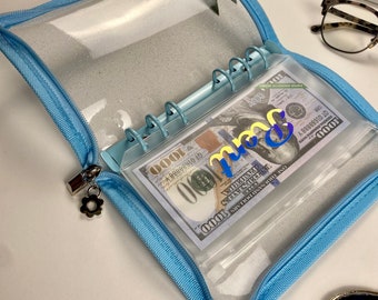 A6 Glitter Budget Binder: Blue Zip-Closure, Personalized Cash Envelopes