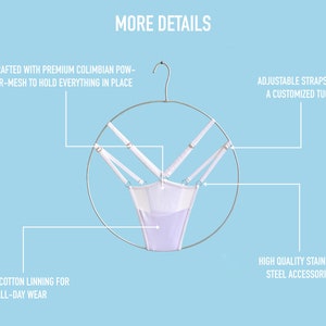 May include: A white mesh thong hanging on a circular metal hanger against a light blue background. Text labels include: MORE DETAILS, CRAFTED WITH PREMIUM COLIMBIAN POWER-MESH TO HOLD EVERYTHING IN PLACE, ADJUSTABLE STRAPS FOR A CUSTOMIZED TUCK, and HIGH QUALITY STAINLESS STEEL ACCESSORIES.