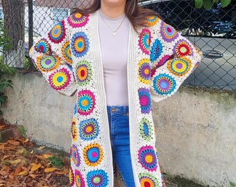 Handmade Crochet Granny Square Cardigan, Boho Rainbow Cotton Knit