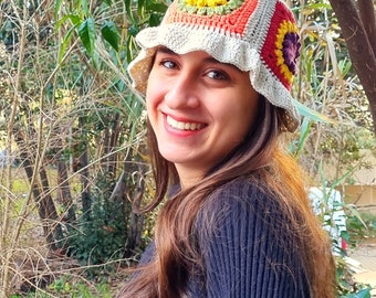 Crochet Granny Square Bucket Hat: Handmade Colorful Cotton Festival Hat