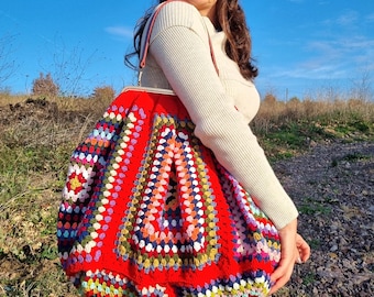 XL Häkeltasche: Handtasche aus Baumwolle mit Lederhenkeln