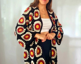 Handmade Granny Square Crochet Cardigan: Bohemian Patchwork Cotton Coat