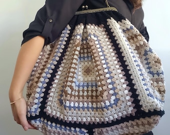XL Häkeltasche mit Kiss Lock Metallrahmen,Poppins Tasche,Häkeln Bauletto,große Größe Häkeln Stricktasche für Frauen,Häkeln Handtasche,Vintage Tasche