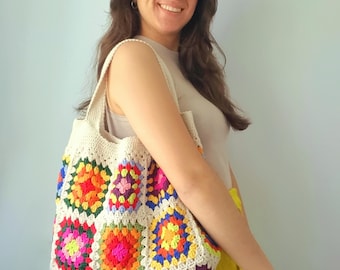 Handgemachte Oma Square häkeln Einkaufstasche: Retro 100% Baumwolle gefüttert Tasche
