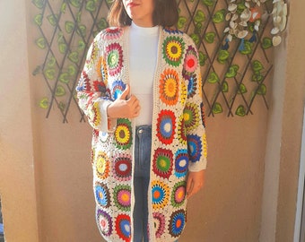 Colorful Granny Square Crochet Cardigan: Handmade 100% Cotton Coat