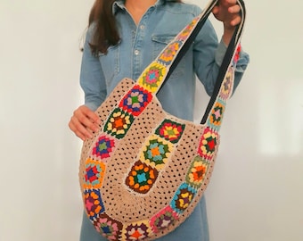Handmade Crochet Granny Square Bag: Colorful Cotton Shoulder Tote