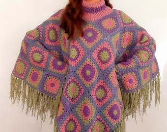 【D&G】Granny square/WOOL crochet Poncho Crochet Poncho, Afghan Poncho, Granny Square, Oversized Poncho