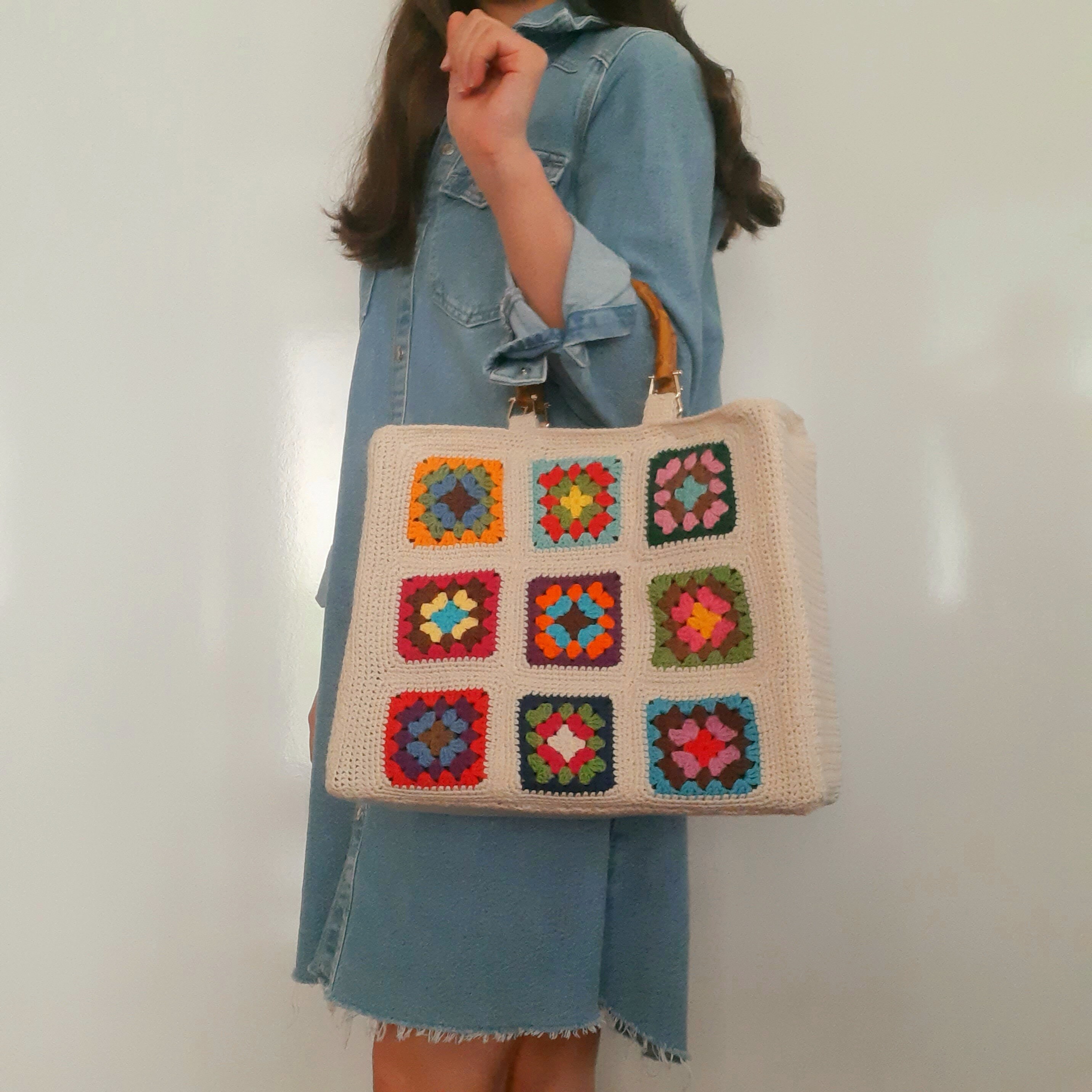 Granny Square Crochet Bag bag With Bamboo Handles crochet Purse granny Square Tote Bag retro Bag vintage Style top Handle Bag boho Purse Etsy