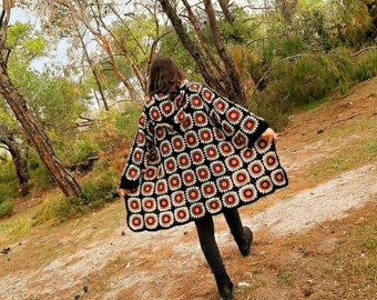 Handmade Granny Square Crochet Cardigan: Boho Hippie Coat