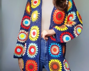 Handmade Granny Square Crochet Cardigan - Oversized Boho Coat
