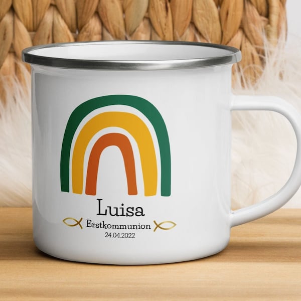 Kommunion Geschenk junge & Mädchen, personalisierte Emaille-Tasse mit Namen und Tag der Erstkommunion, Fisch Taube Kelch Stern Motiv