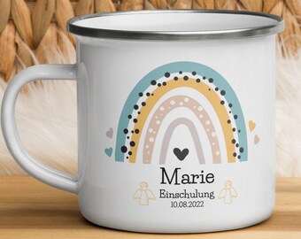 School Enrollment Mug Schoolchild 2025 with Name and Date School Start Enrollment Girls Boys Personalized Children Enamel Mug Rainbow