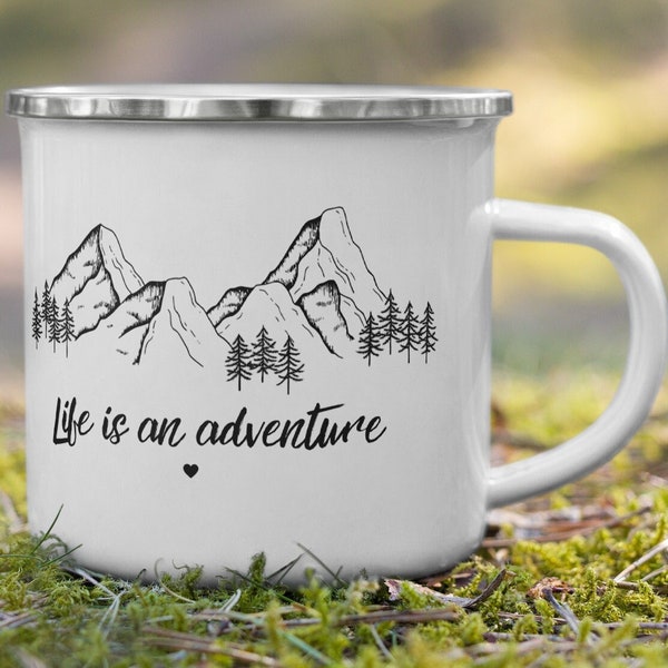 Emaille Tasse Personalisierte Camping Tasse mit Zitat Geschenk für Camper, Wanderer Naturliebhaber Abenteurer Tragbarer Becher Retro Henkel