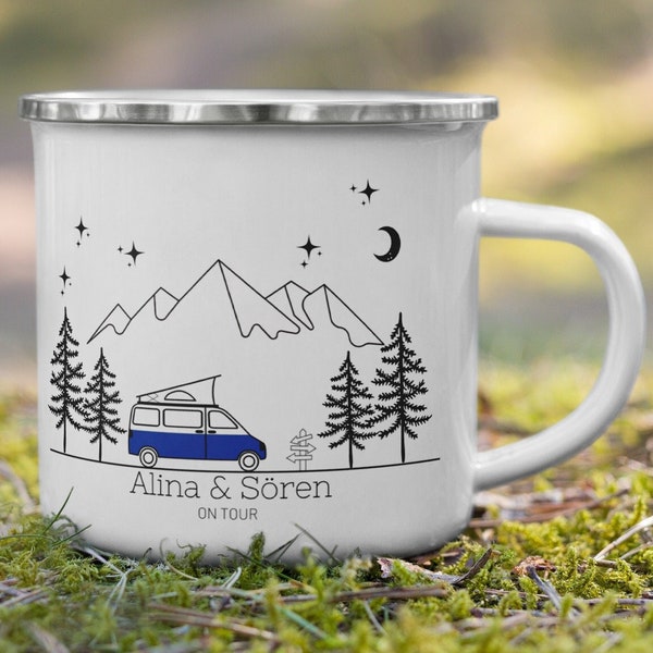 Tasse en émail personnalisée pour les campeurs avec nom camping van camping-car camping-car cadeau pour les campeurs tasse personnalisée caravane