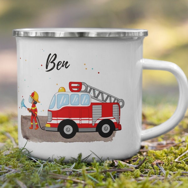 Kinder Emaille Tasse Feuerwehr mit Namen personalisierter Kinderbecher Jungen Mädchen Kindergeschirr Camping Tasse Feuerwehrmann Becher Kita