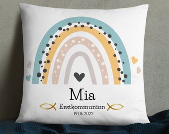 Kommunion Kissen Geschenk für Mädchen Jungen personalisiertes Kissen mit Namen und Datum der Erstkommunion, Regenbogen Kissen Kommunion Deko