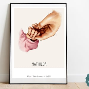 Poster nascita personalizzato con date di nascita e manine del bambino. Manifesto del nome di nascita. Annuncio di nascita per neonati, lattanti. Bambini